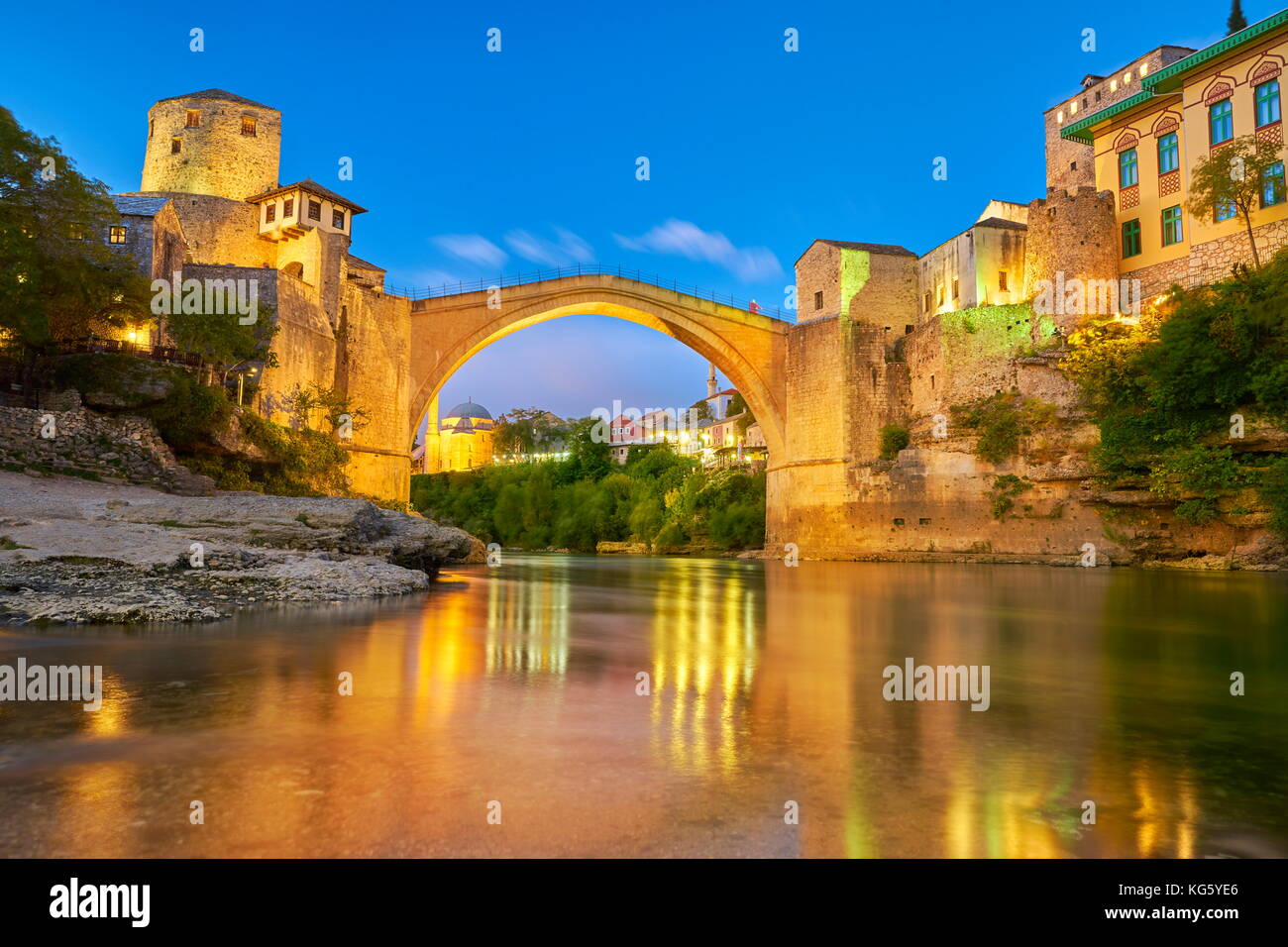 Evening view at Stari Most or Old Bridge, Neretva River, Mostar, Bosnia and Herzegovina Stock Photo