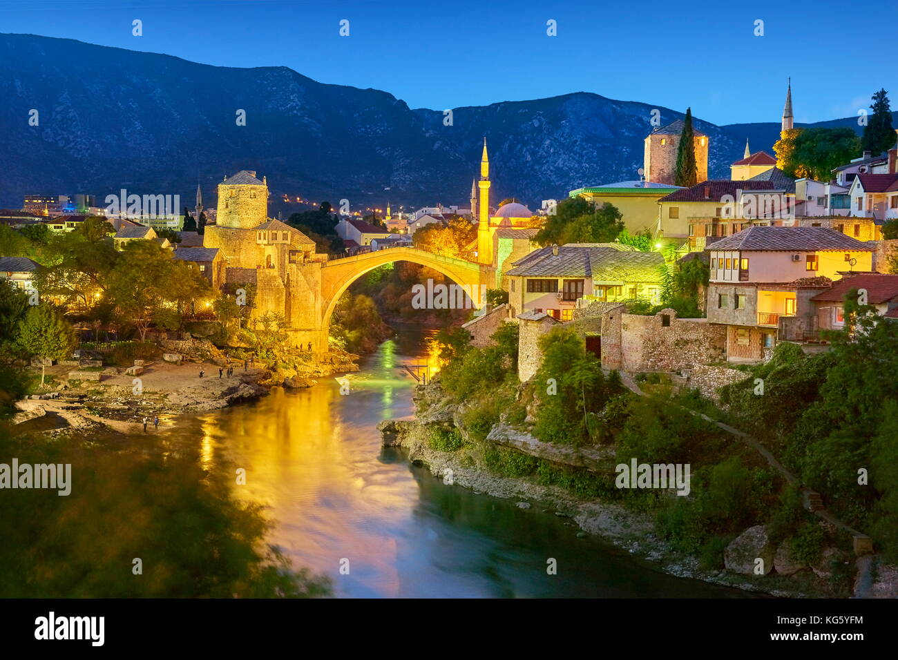 Mostar, Bosnia and Herzegovina - evening view at Stari Most or Old Bridge, Neretva River Stock Photo