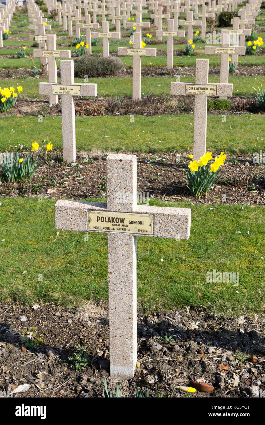 Tombs of soldiers fallen in World War I (one) at Saint Roch cemetery. Stock Photo