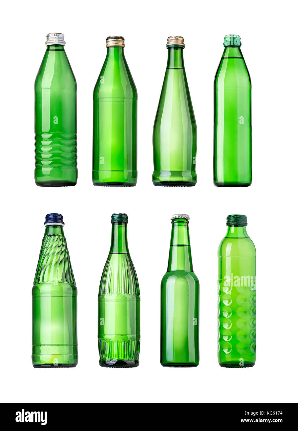 set of green Glass bottles of soda water. Isolated on white background