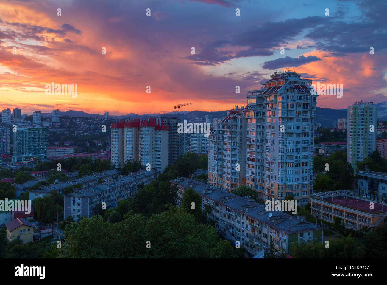 Aerial view of the Sochi city on the background of beautiful sky at ...