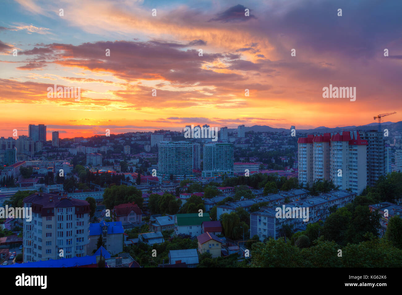 Aerial view of the Sochi city on the background of beautiful sky at ...