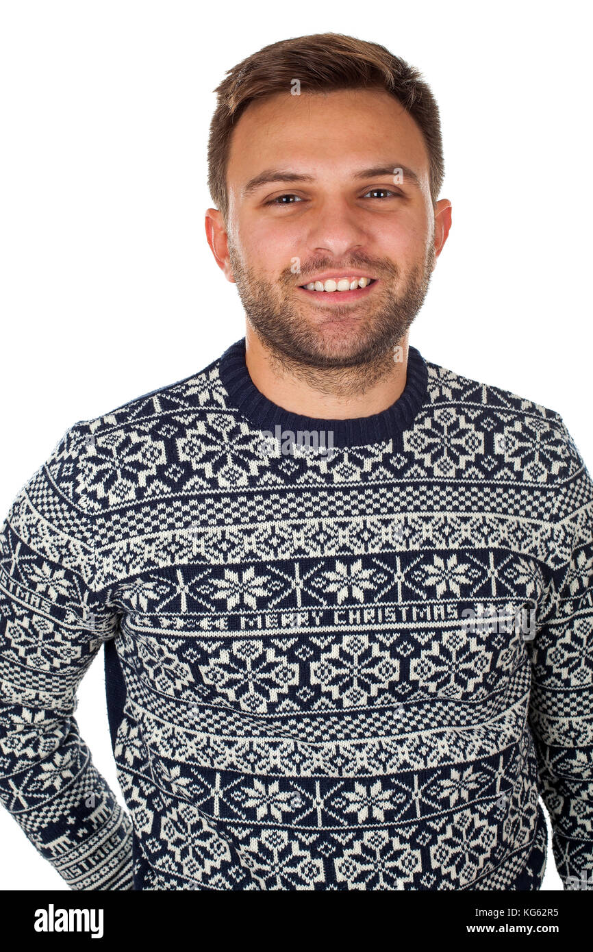 Portrait of a confident man wearing a christmas sweater on isolated ...
