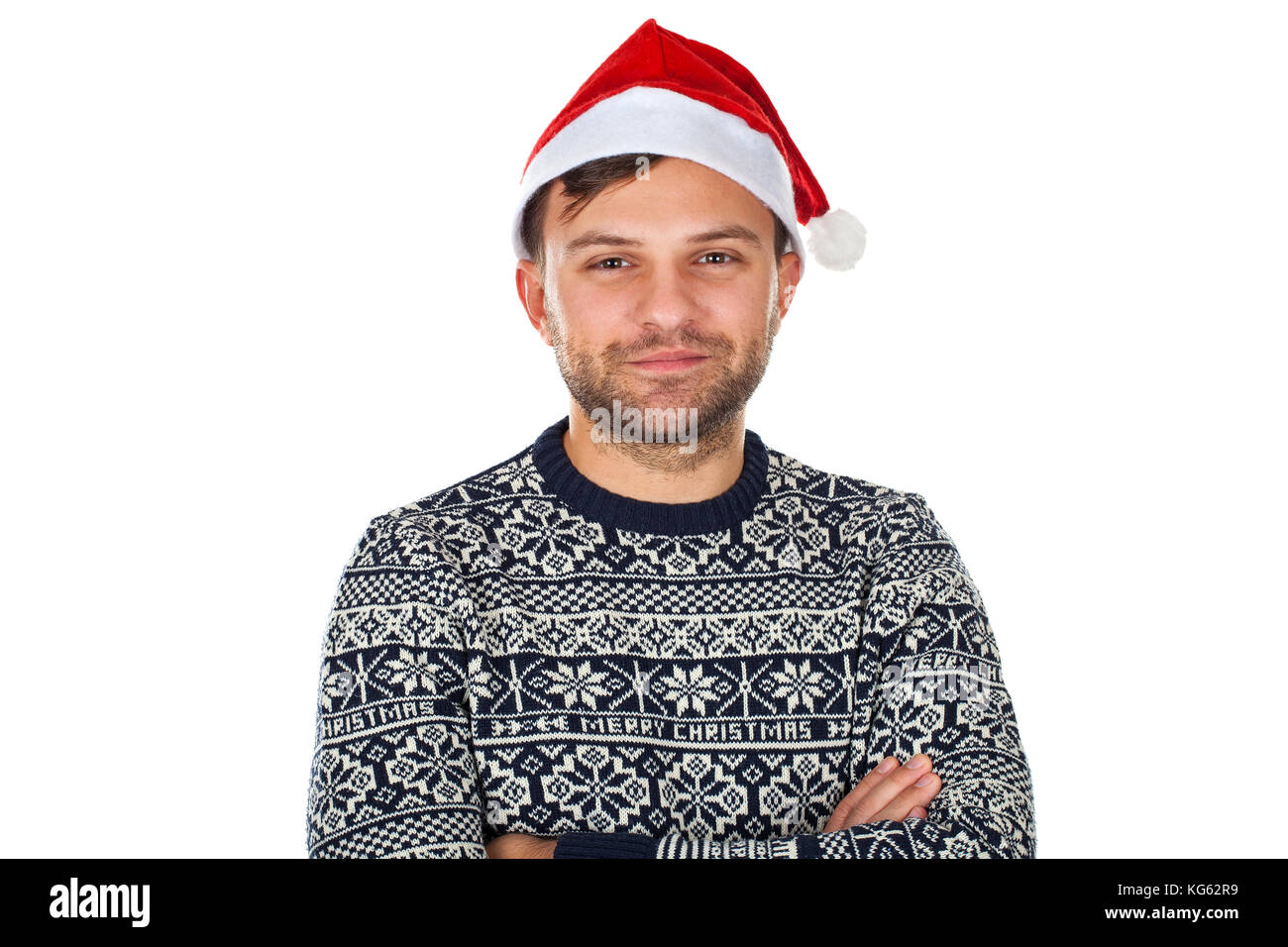 Photo of a cheerful man wearing a santa hat Stock Photo - Alamy
