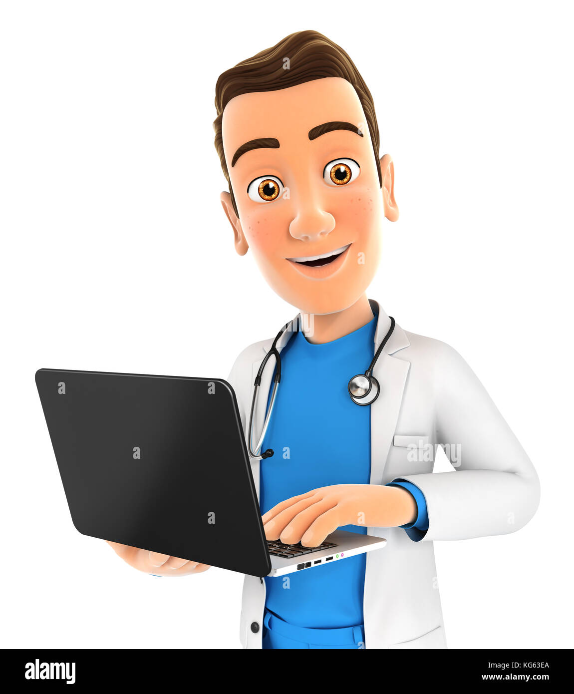 3d doctor standing and holding laptop, illustration with isolated white background Stock Photo