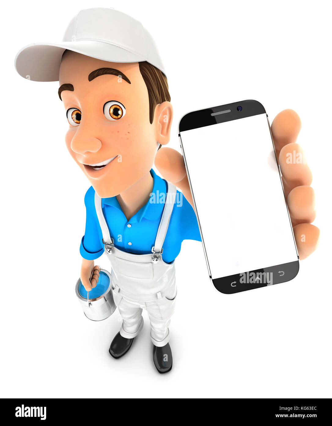 3d painter holding smartphone, illustration with isolated white background Stock Photo