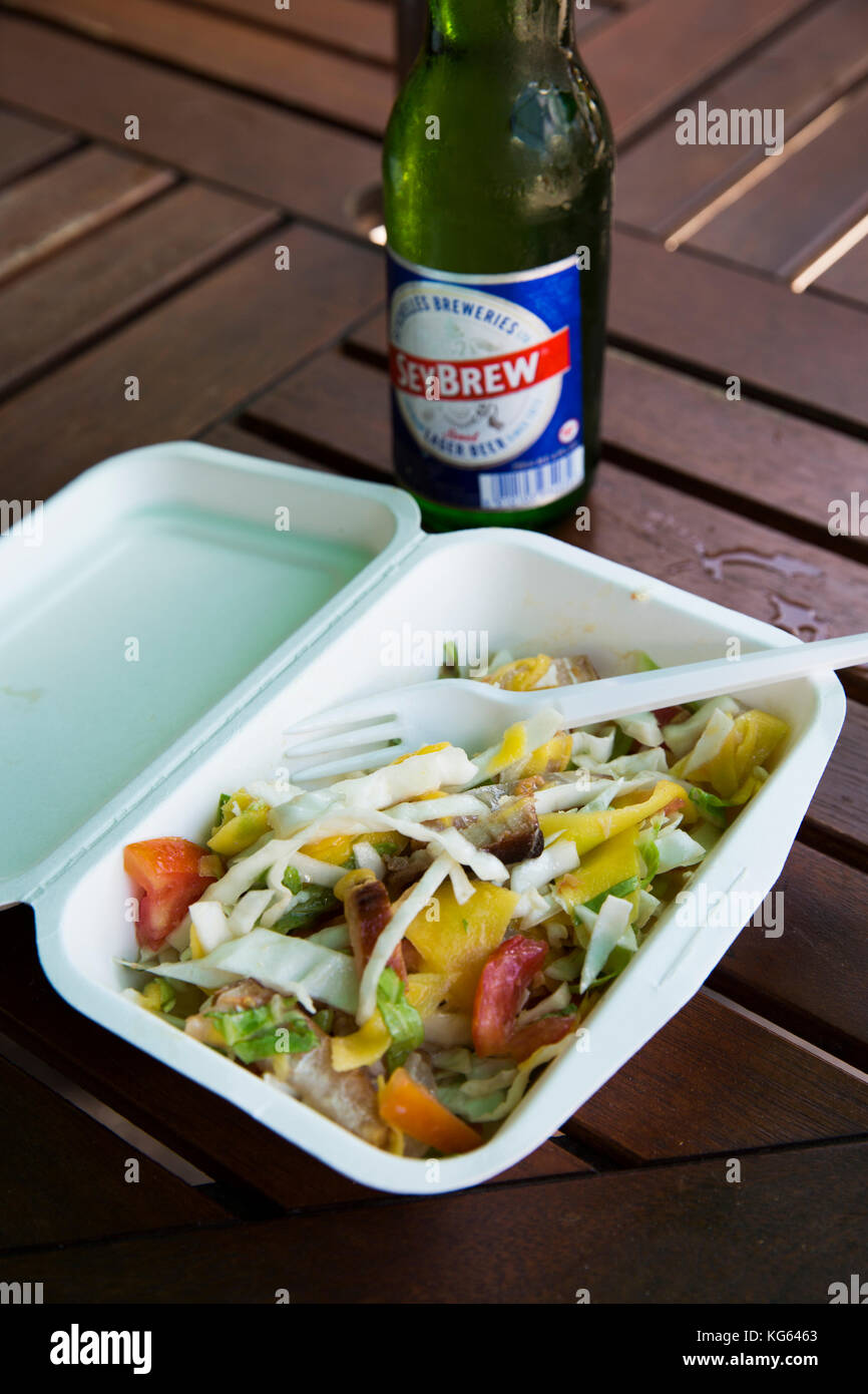 The Seychelles, Praslin, Baie St Anne, food smoked fish salad in