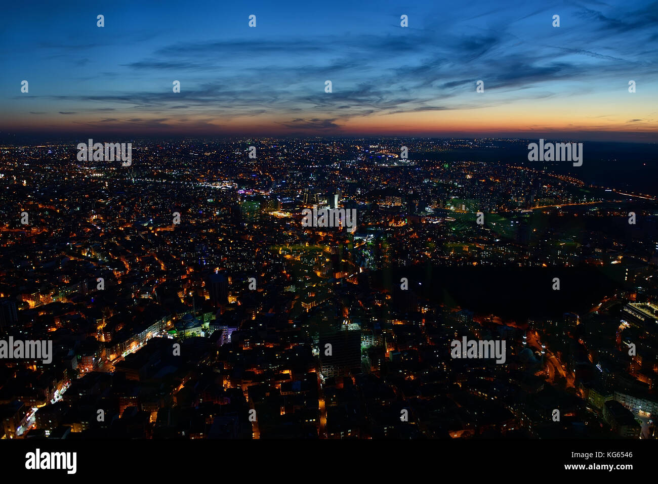 Aerial night panoramic view of business Istanbul, Turkey Stock Photo