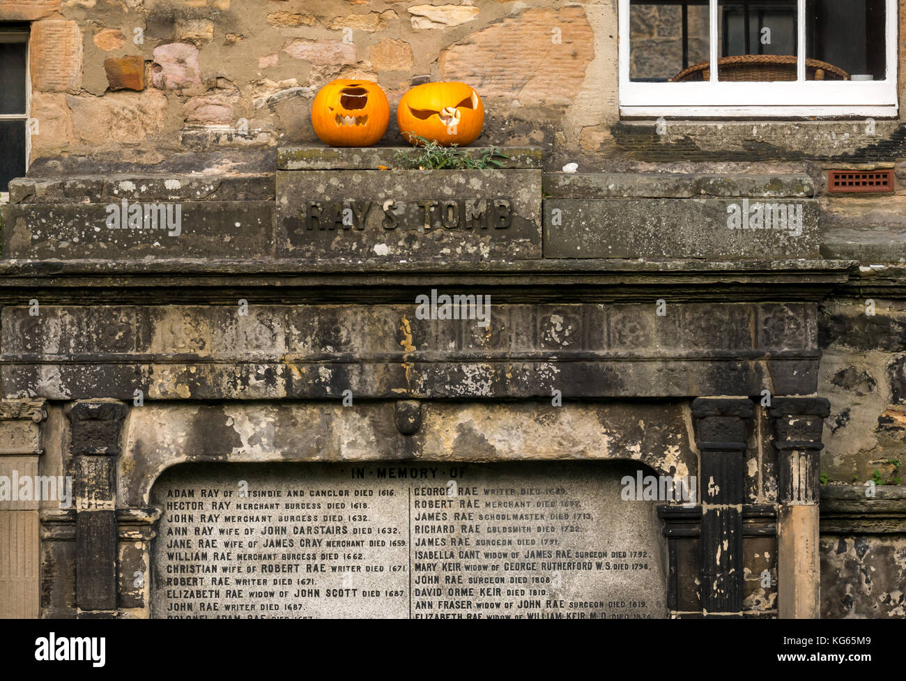 Pumpkins on top of mausoleum in Greyfriar's Churchyard, Edinburgh, Scotland, UK Stock Photo