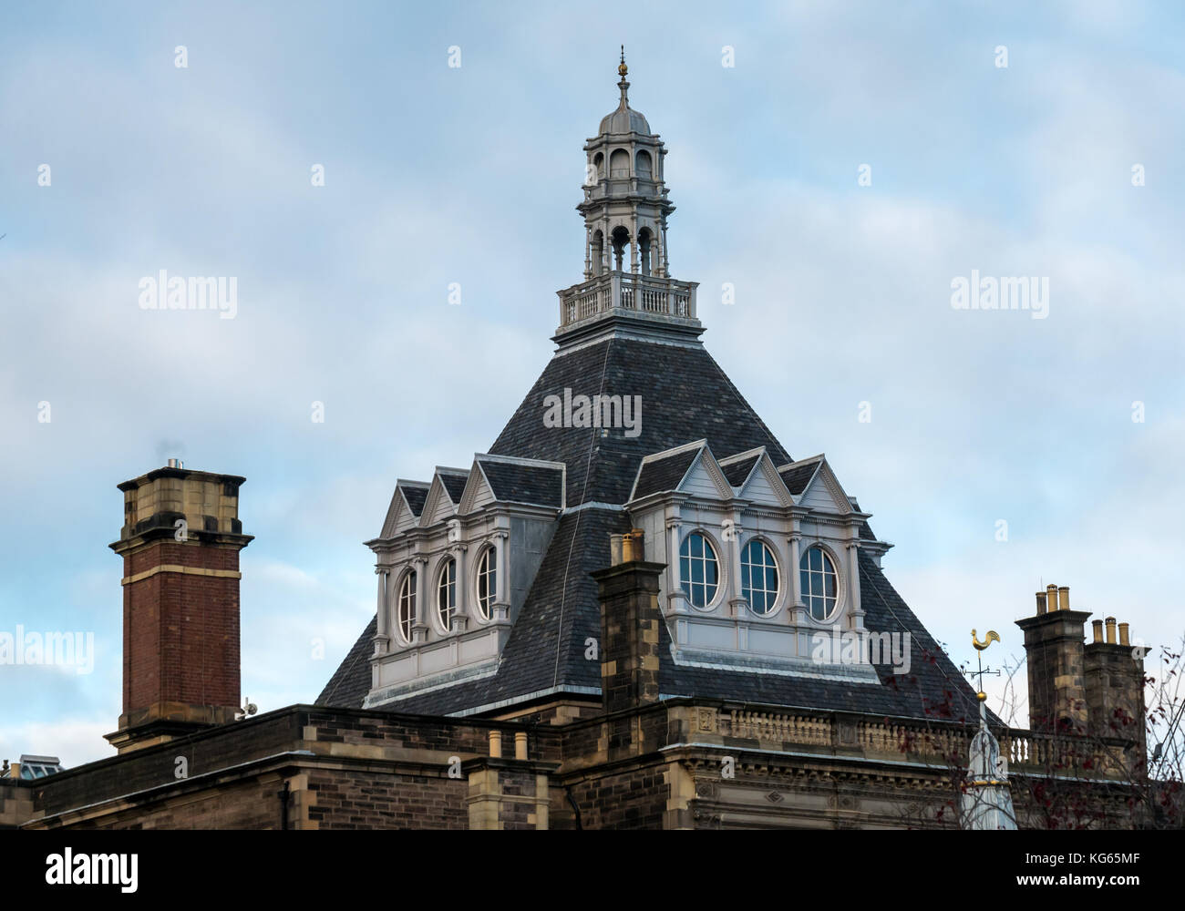Ornate roof and spire of the Victorian Central Library building, funded by Andrew Carnegie, Edinburgh, Scotland, UK Stock Photo