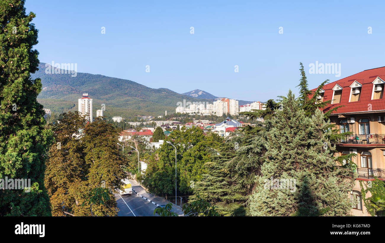 travel to Crimea - view of Alushta city from Baglikov Street in morning Stock Photo