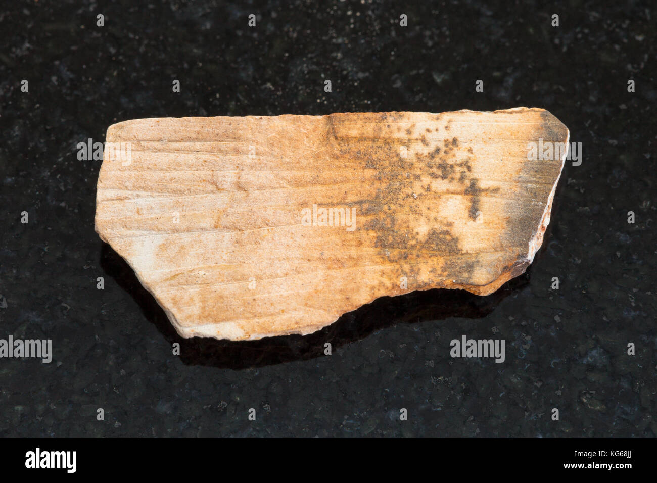 macro shooting of natural mineral rock specimen - raw Shale stone on dark granite background Stock Photo