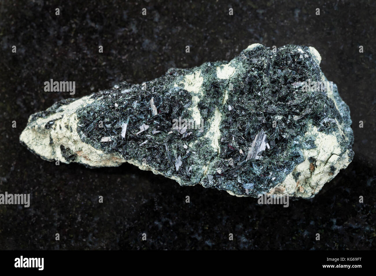 macro shooting of natural mineral rock specimen - raw crystal of hornblende on amphibole - carbonate stone on dark granite background from Korshunovsk Stock Photo