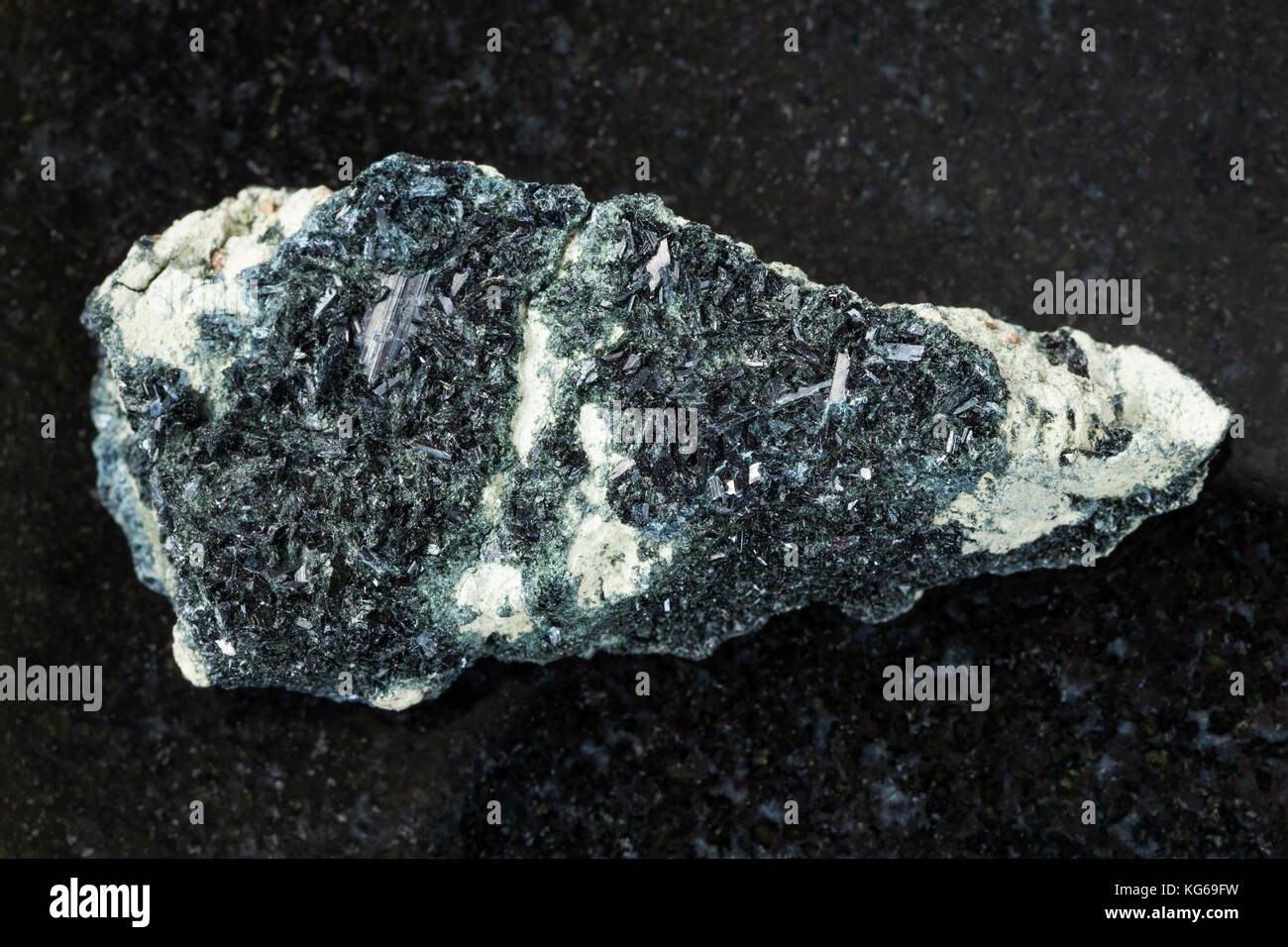 macro shooting of natural mineral stone specimen - rough crystal of hornblende on amphibole - carbonate rock on dark granite background from Korshunov Stock Photo