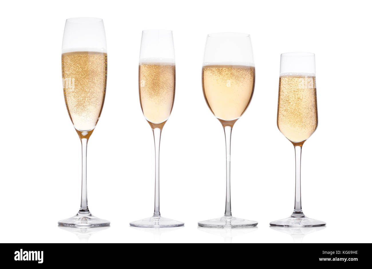 Champagne glasses with bubbles on white background with reflection