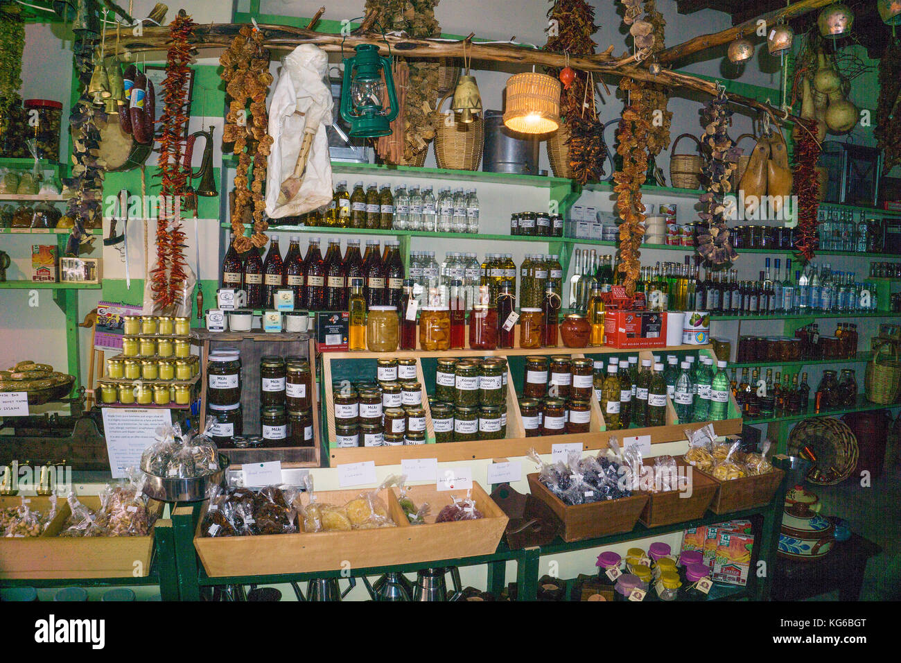 Local specialities at a shop, Apiranthos, Naxos island, Cyclades, Aegean, Greece Stock Photo