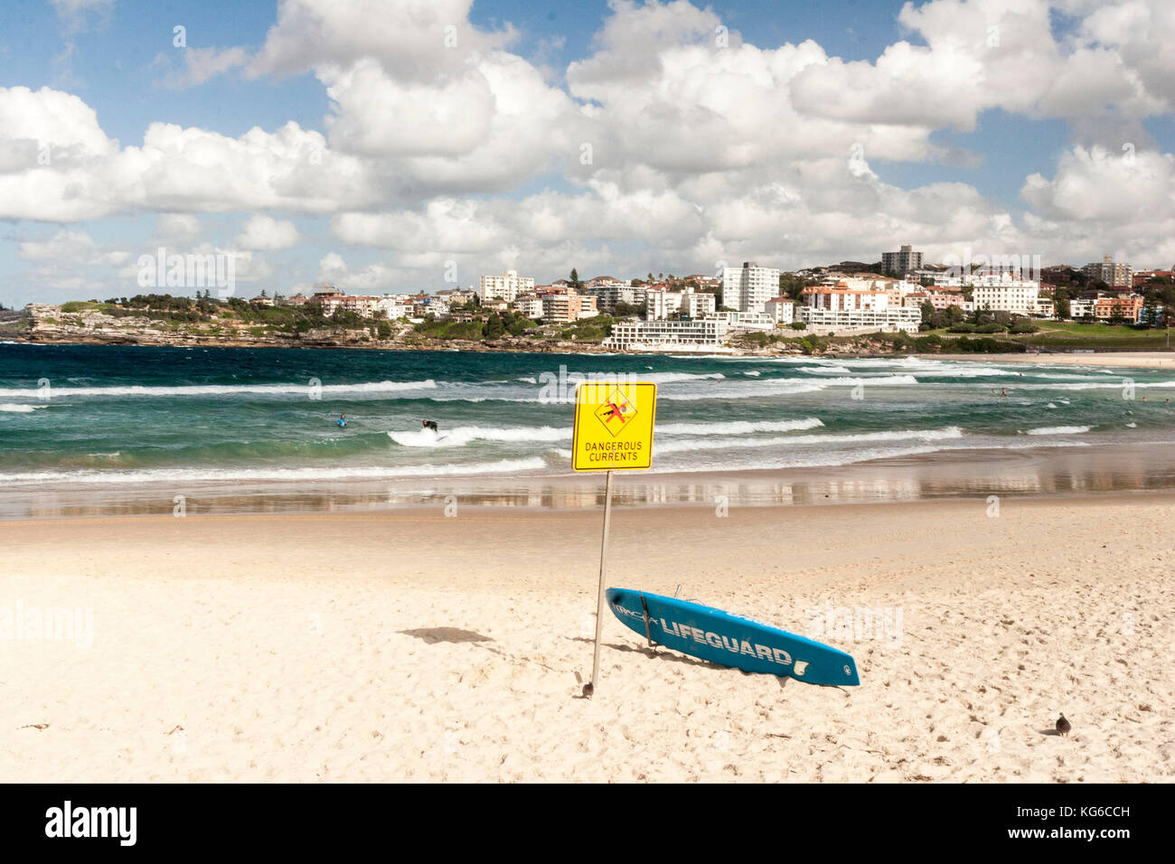 surfboard and sign on Bondai beach, Australia Stock Photo