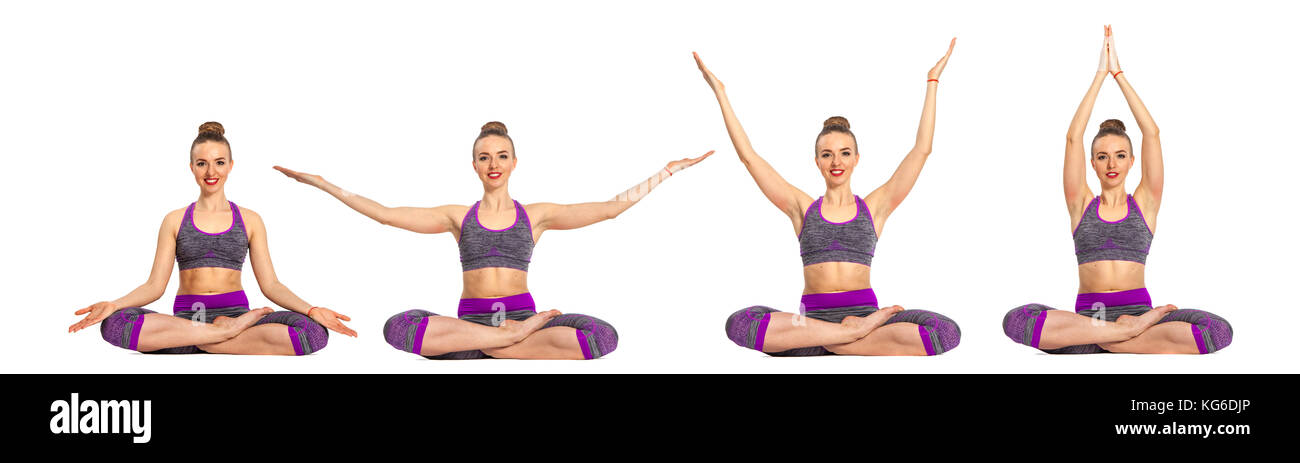 Women who do yoga perform sitting in lotus pose on the floor with ...