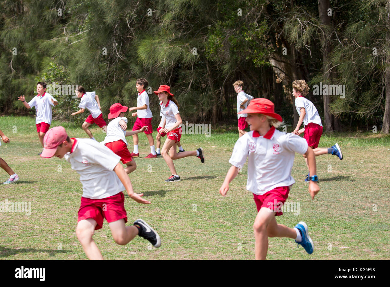 Australian schools children playing sport at school,Sydney,Australia wearing school sports uniform, primary school students Stock Photo