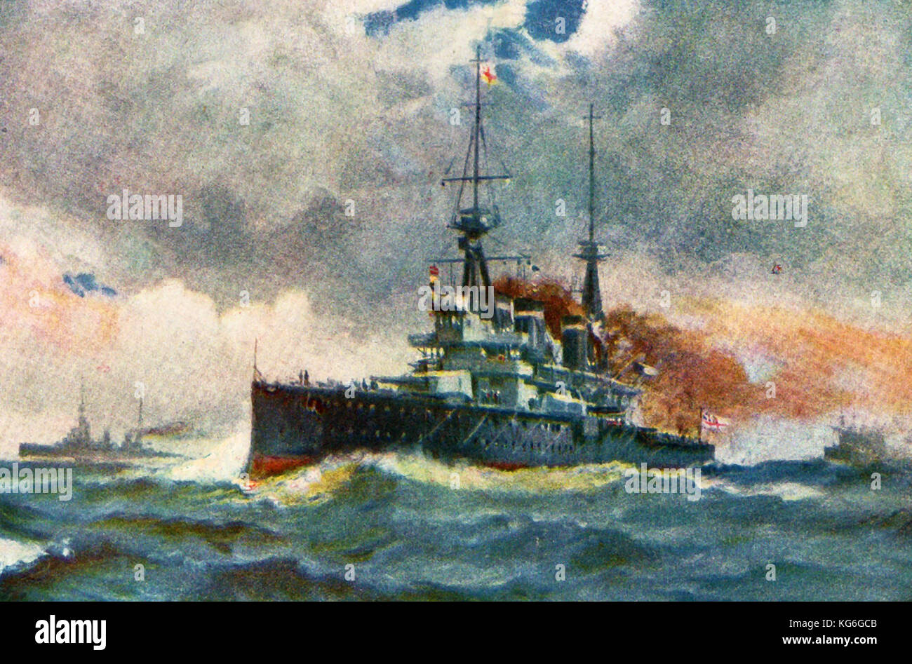 1919 BRITISH ROYAL NAVY FLAGSHIP   (The illustration is perhaps subject to artist's licence as the flagship  at that time HMS Queen Elizabeth didn't have three funnels) Stock Photo