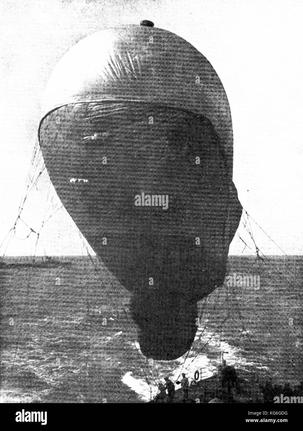 1918 a British Royal Navy ship launching a tethered observation balloon ...
