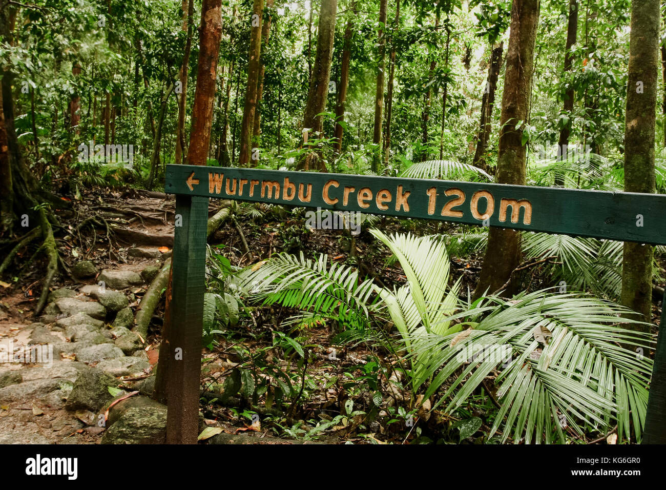 Wurrmbu trail sign Mossman gorge, Australia Stock Photo