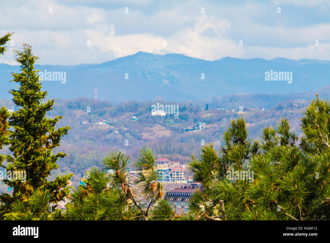 Aerial view of Sochi on the background of mountains in sunny day ...