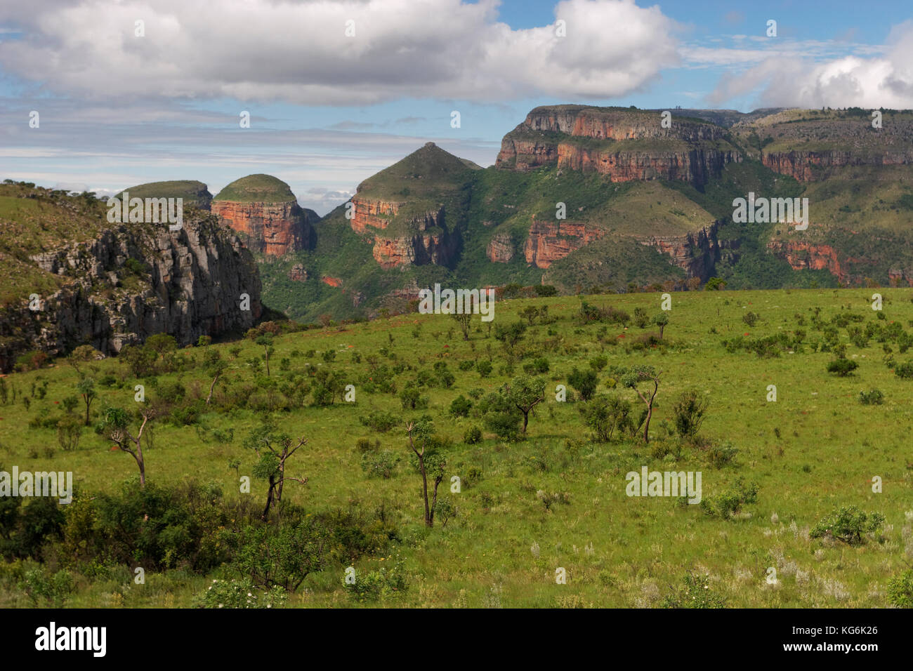 African landscape of green grassland and the mountains in South Africa ...