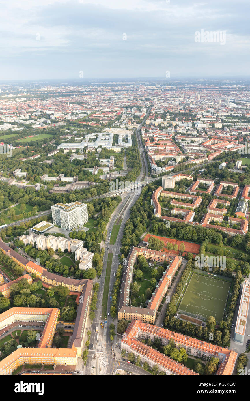 Aerial view along Dachauer Strasse in Alt Mooscah, Munich, Germany