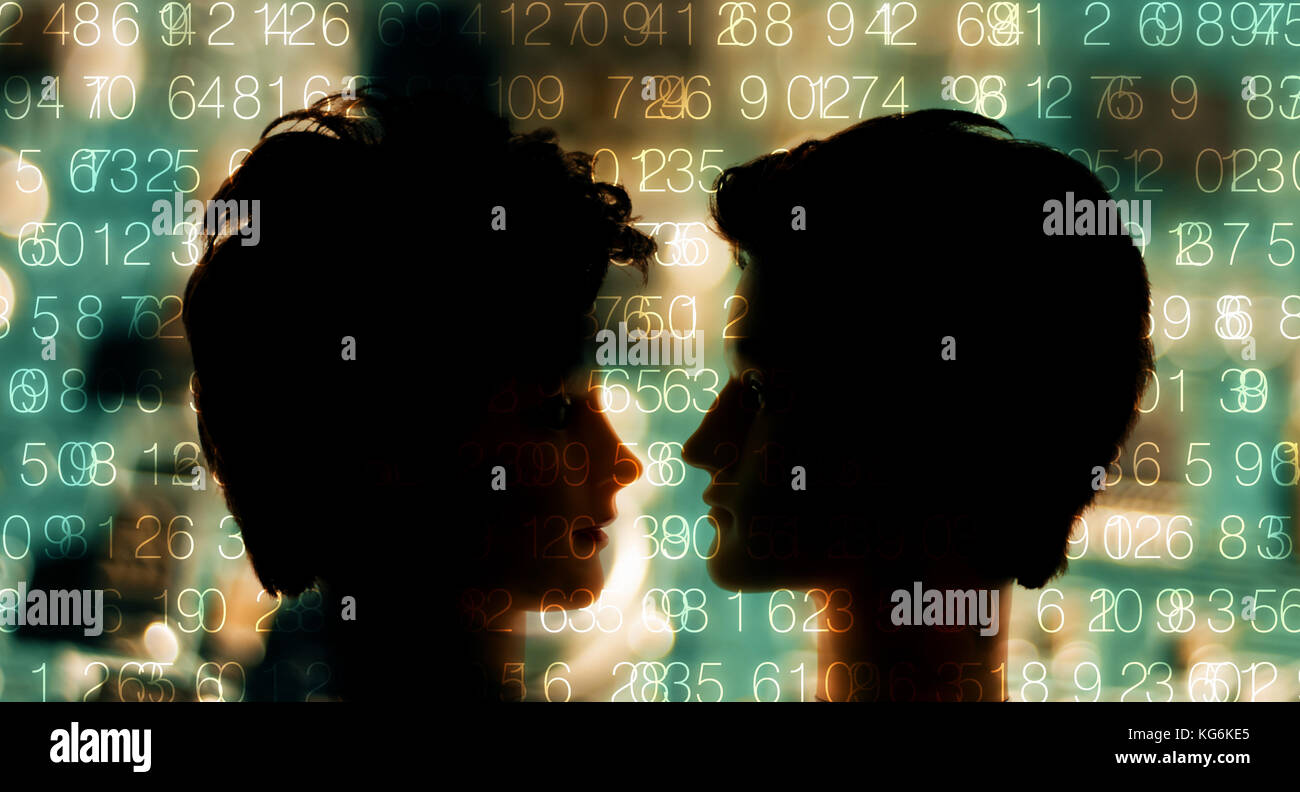 Computer code digits and robot ai head Stock Photo