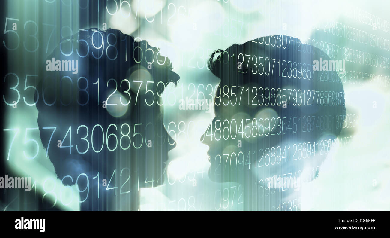Robot head tests, digits and defocused tech background Stock Photo