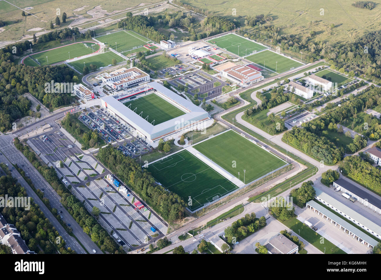 aerial view of Bayern Munich sports ground and youth academy,  Munich, Bavaria, Germany Stock Photo