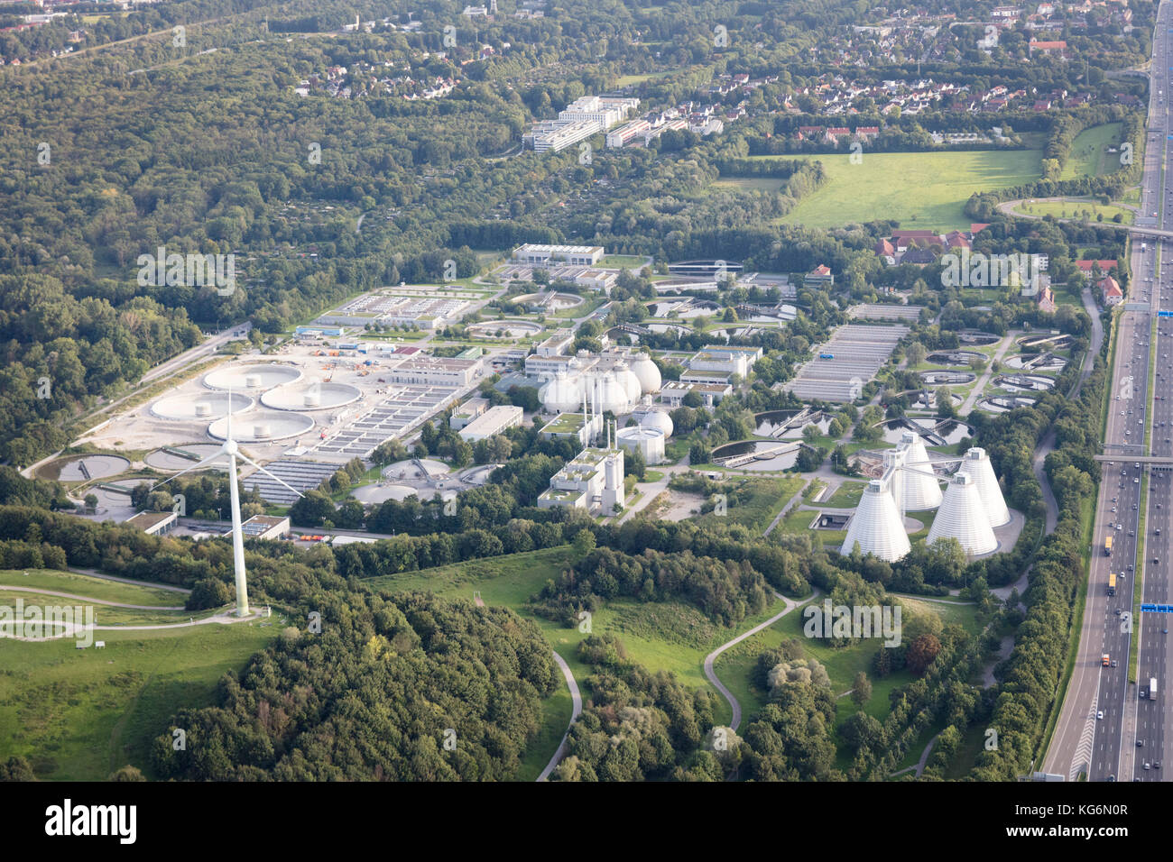 aerial view of the wastewater treatment plant Gut Großlappen, Freimann  district, Munich, Bavaria, Germany Stock Photo