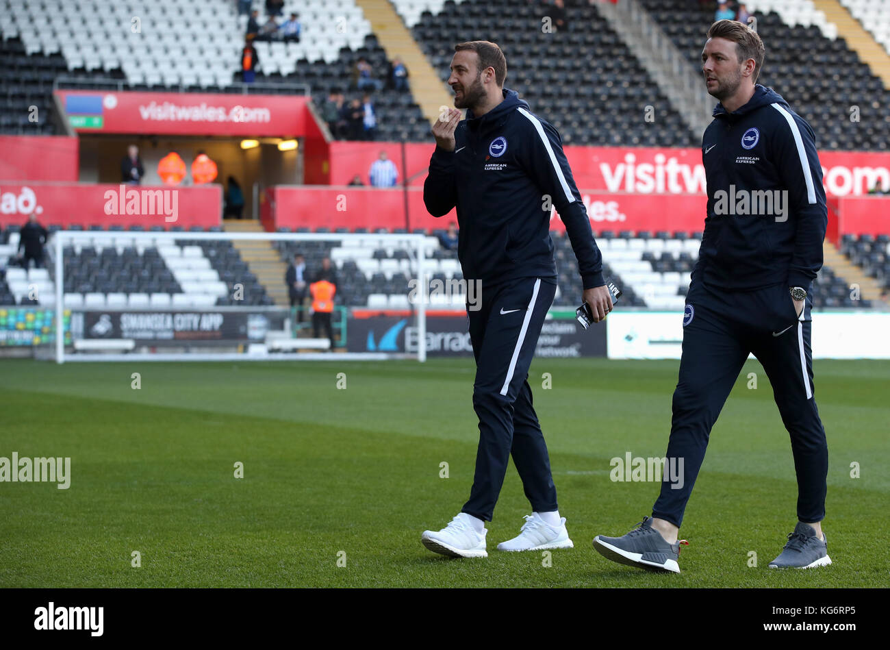 Brighton & Hove Albion's Glenn Murray and Dale Stephens during the Premier League match at the Libert Stadium, Swansea. Stock Photo