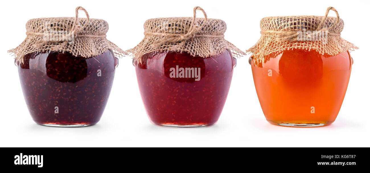 Three jar of jam and honey on white background Stock Photo Alamy