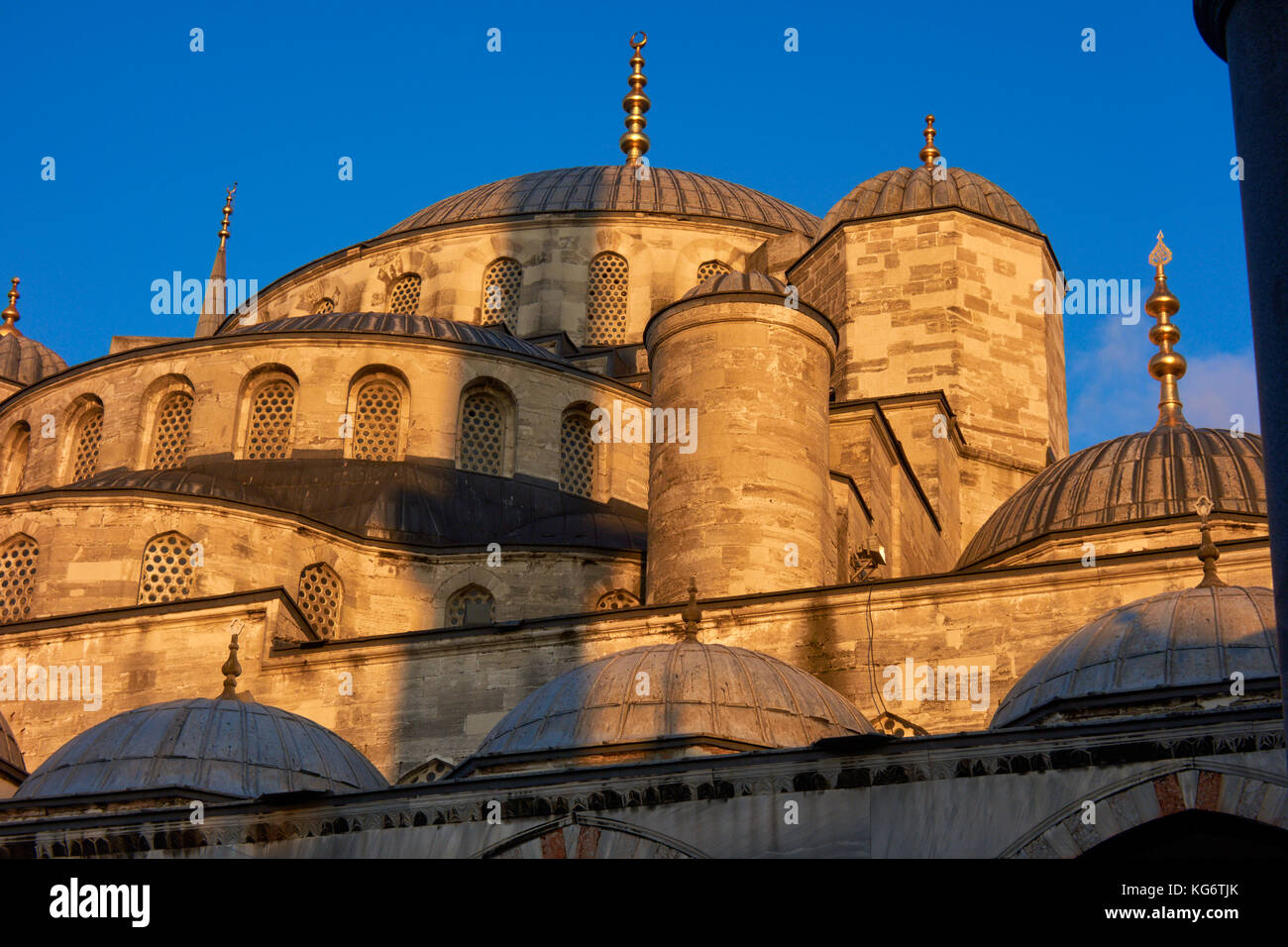Exterior view of the Sultan Ahmed Mosque (Blue Mosque) at sunset. Istanbul. Turkey. Stock Photo