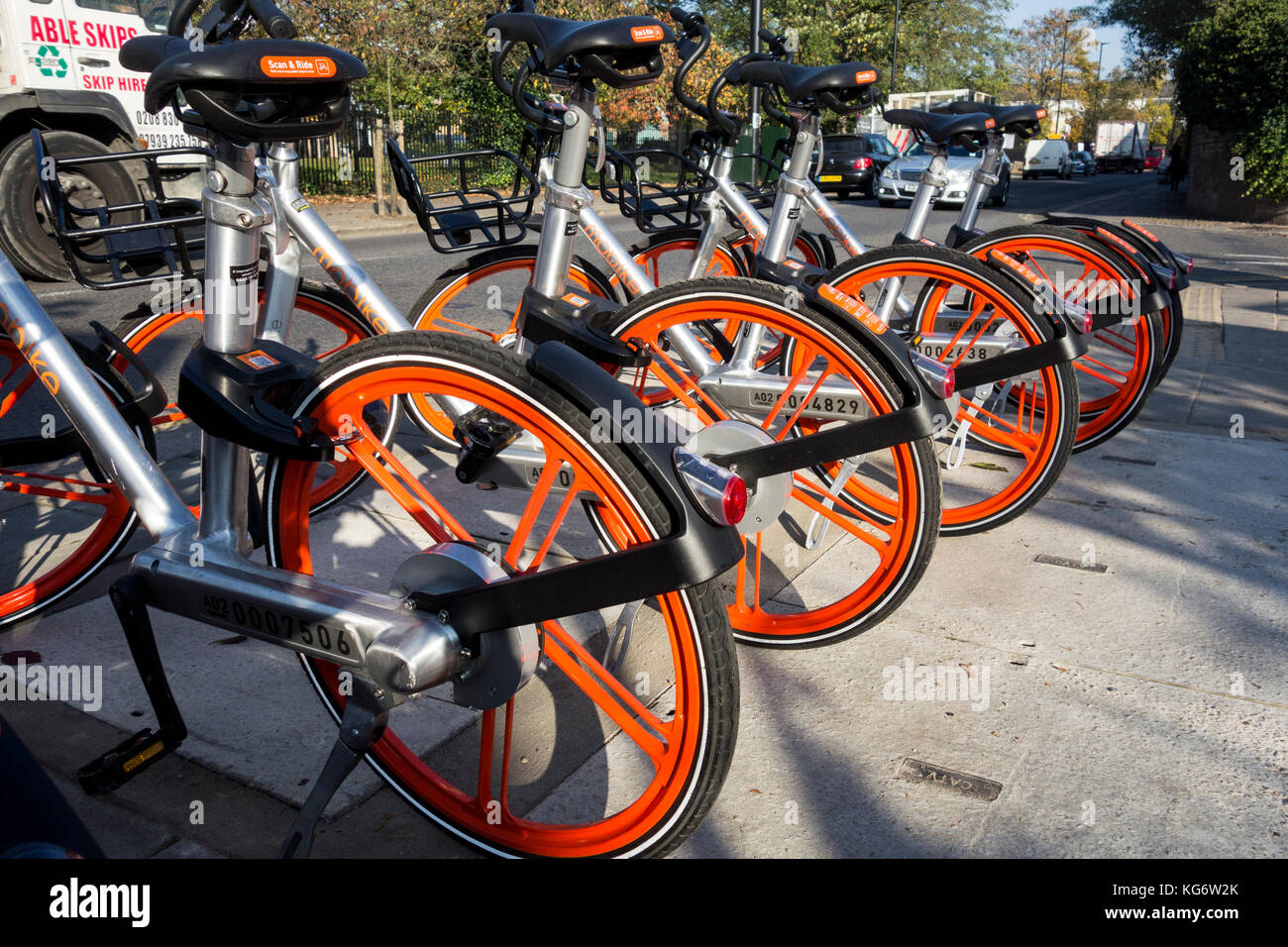 Mobike dockless bikes in Acton, west London, UK Stock Photo