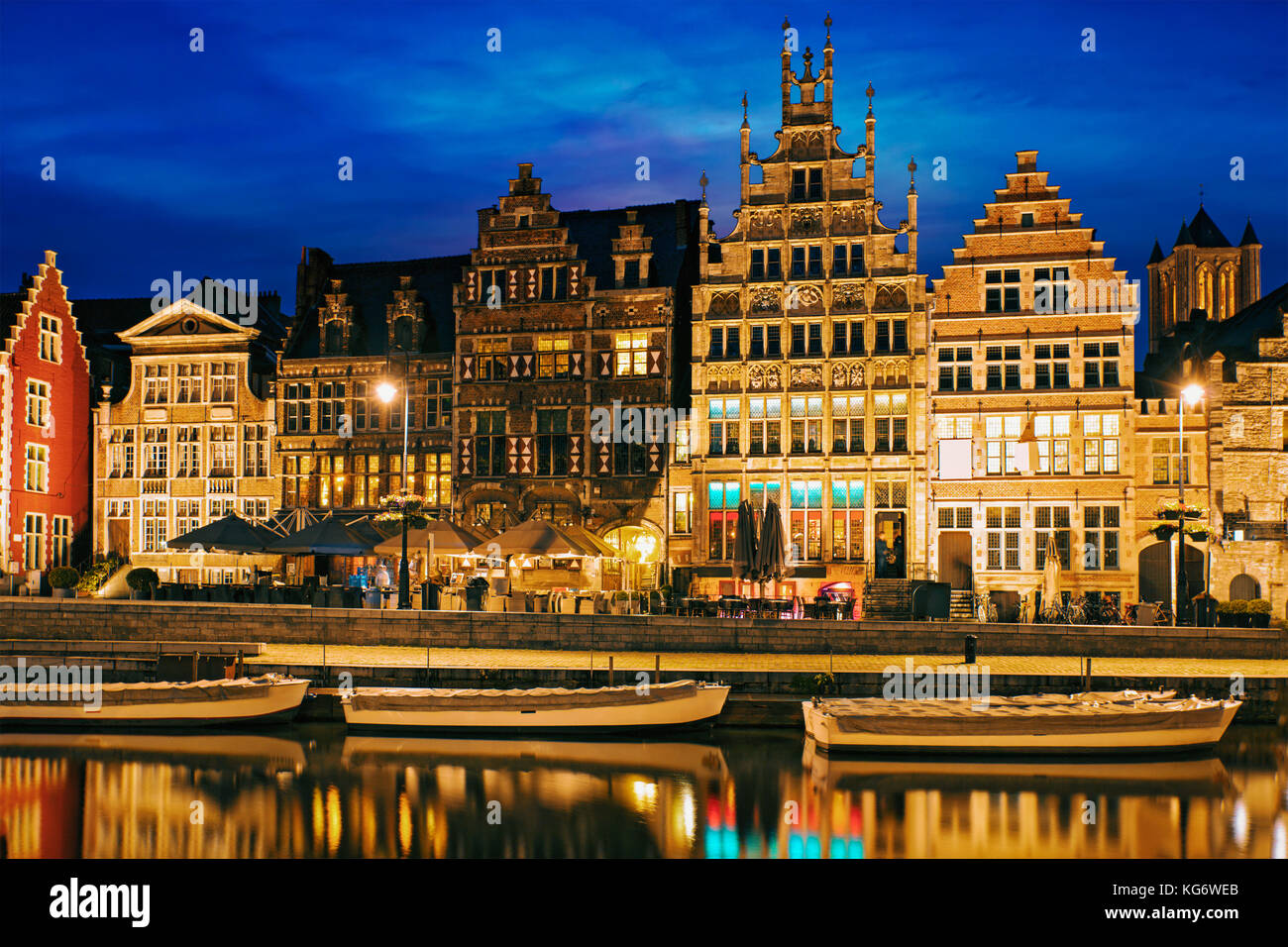 Graslei street and canal in the evening. Ghent, Belgium Stock Photo