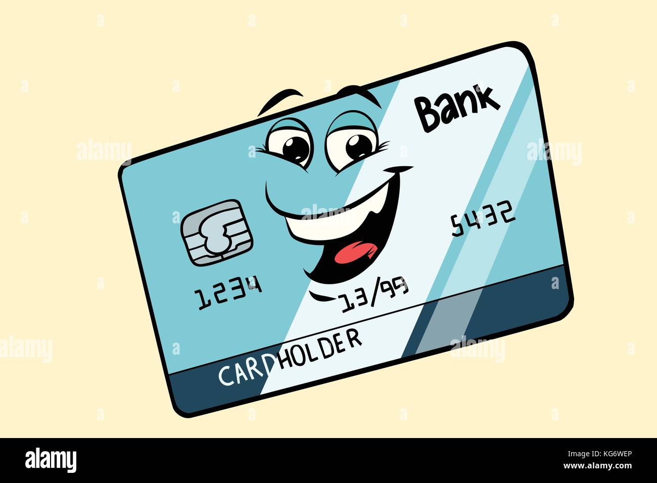 Bank card cute smiley face character. Comic book cartoon pop art illustration retro vector Stock Vector