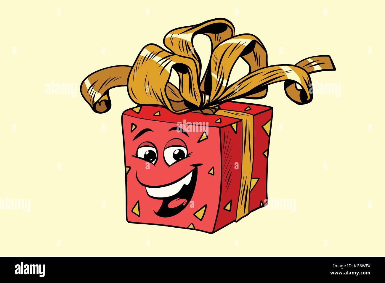 red gift box cute smiley face character. Comic book cartoon pop art illustration retro vector Stock Vector