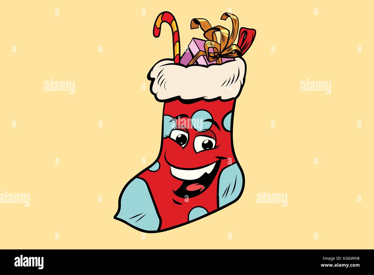Christmas gift sock cute smiley face character. Comic book cartoon pop art illustration retro vector Stock Vector