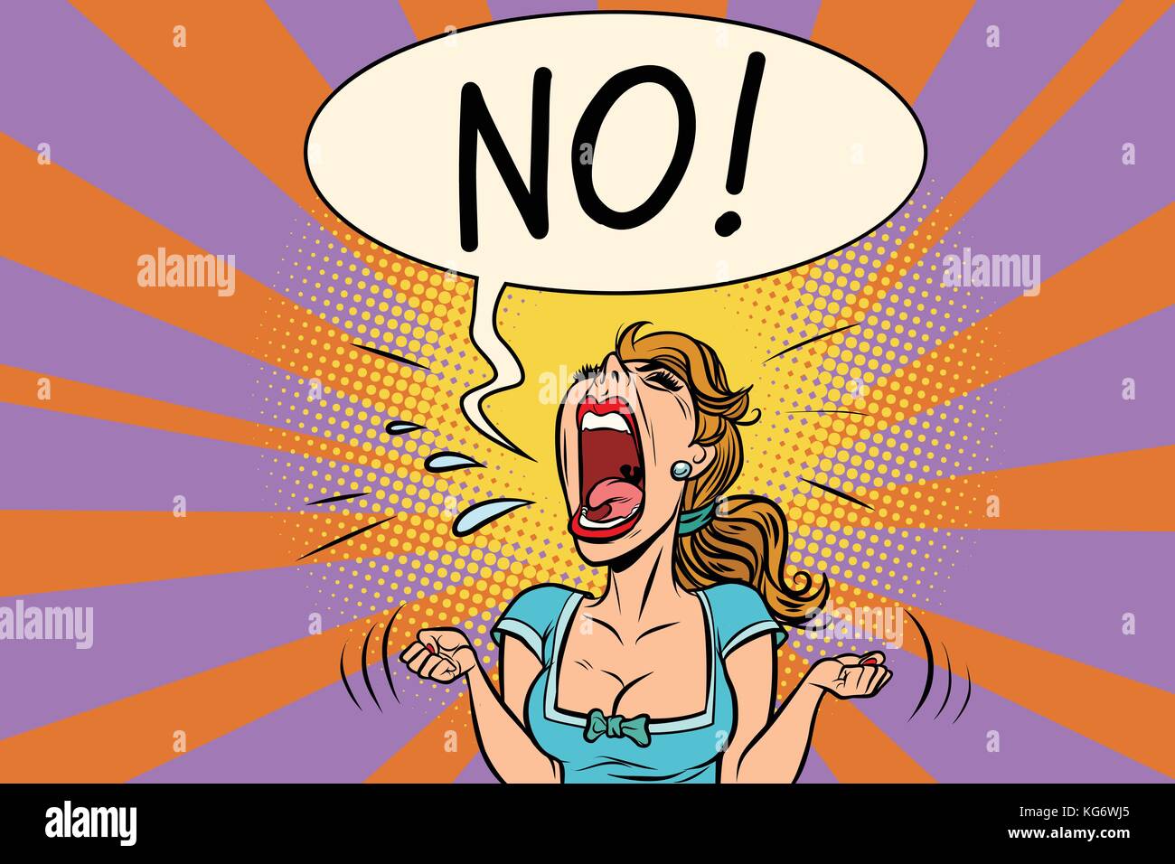 No furious screaming woman. Comic book cartoon pop art retro vector illustration drawing Stock Vector