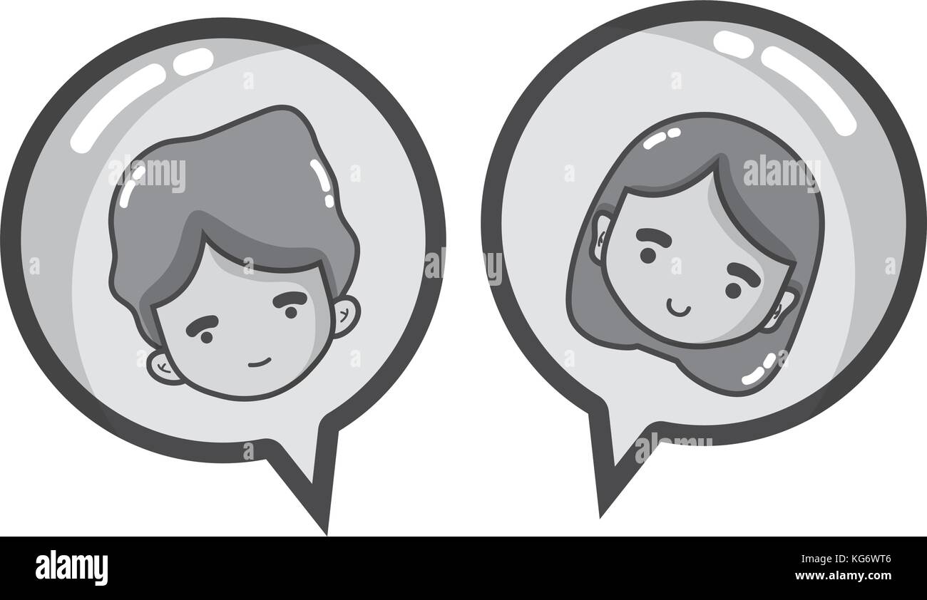 grayscale boy and girl head inside chat bubble vector illustration ...