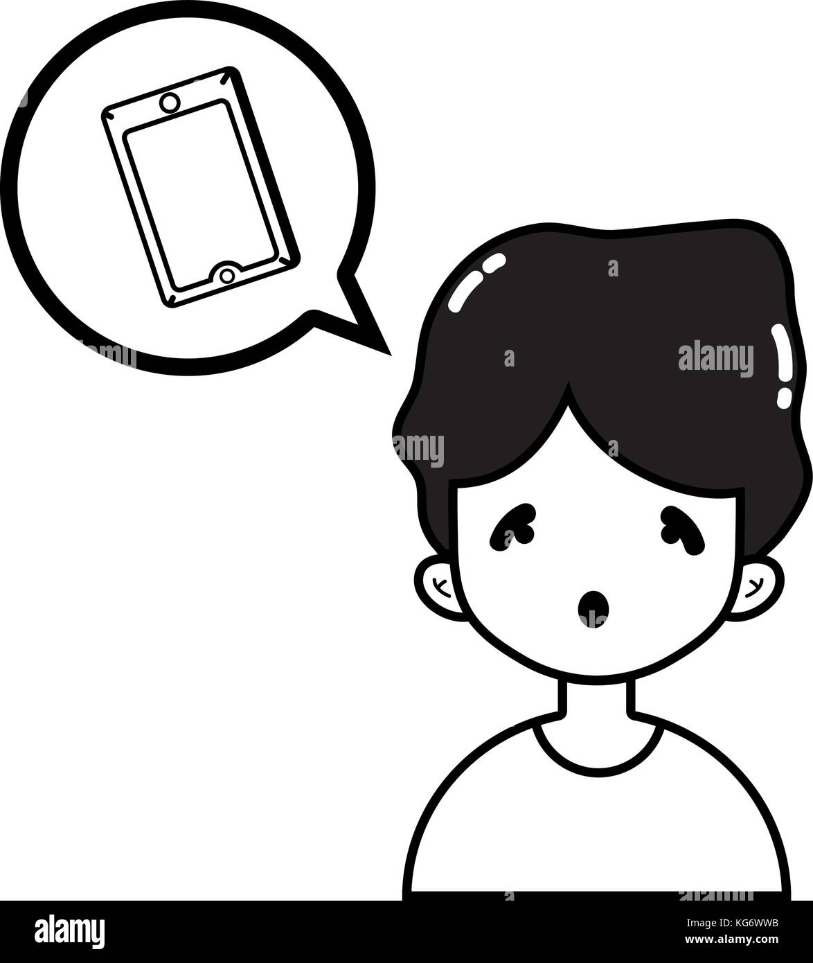 line boy with smartphone technology inside chat bubble vector ...