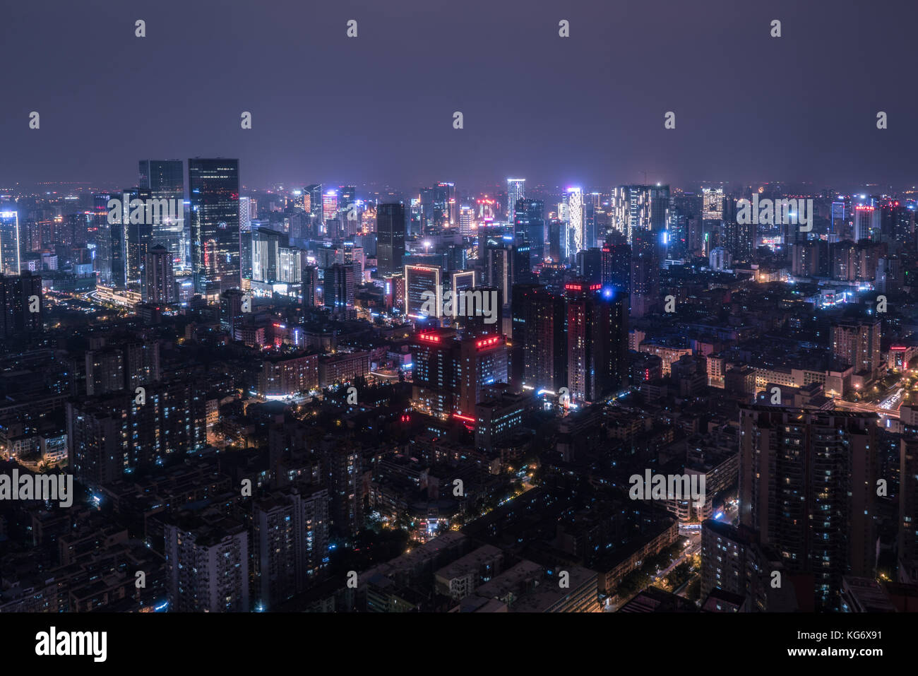 High angle view of Chengdu skyline at night in Sichuan, China Stock Photo