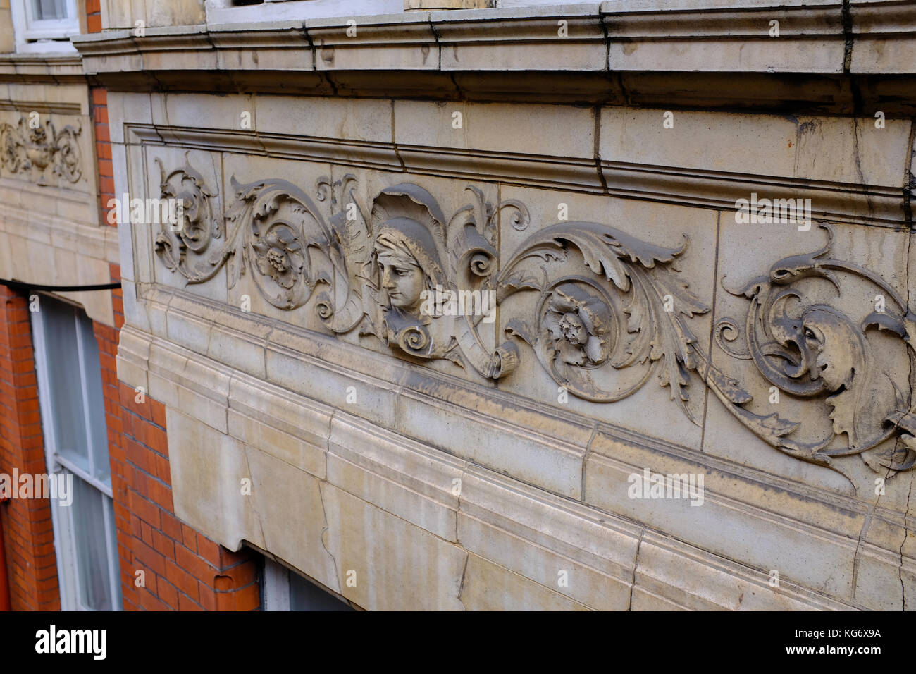 Stone craving on a victorian building in Spanish Place, Marylebone