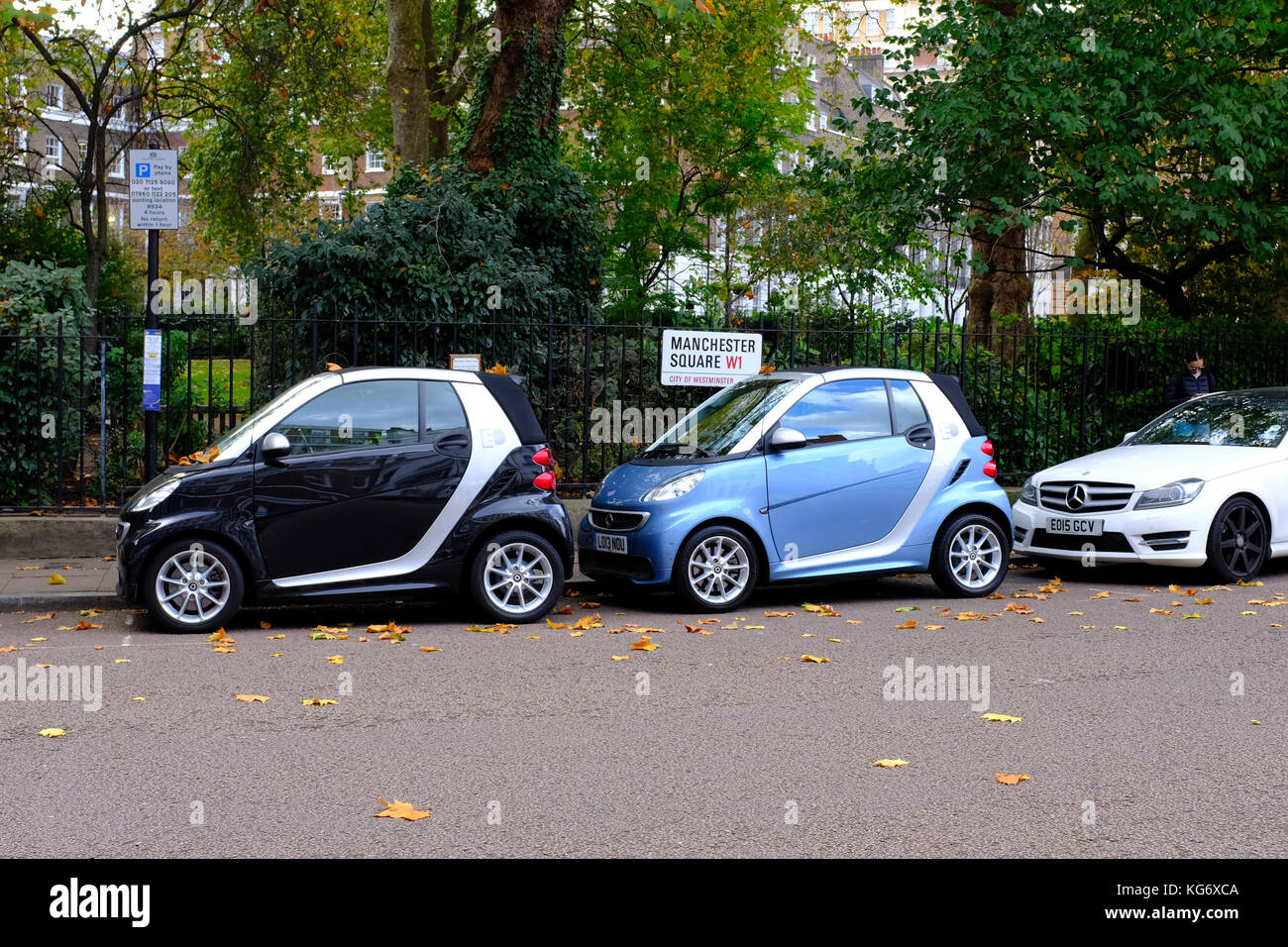 Smart Cars parked in Manchester Square London UK Stock Photo