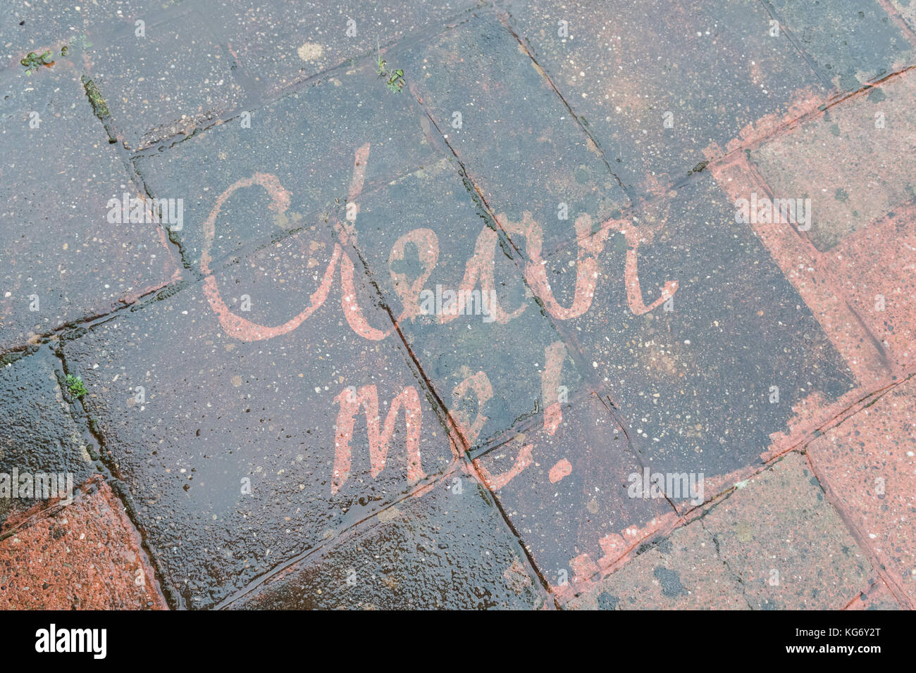 'clean me' written by pressure washer on dirty patio Stock Photo