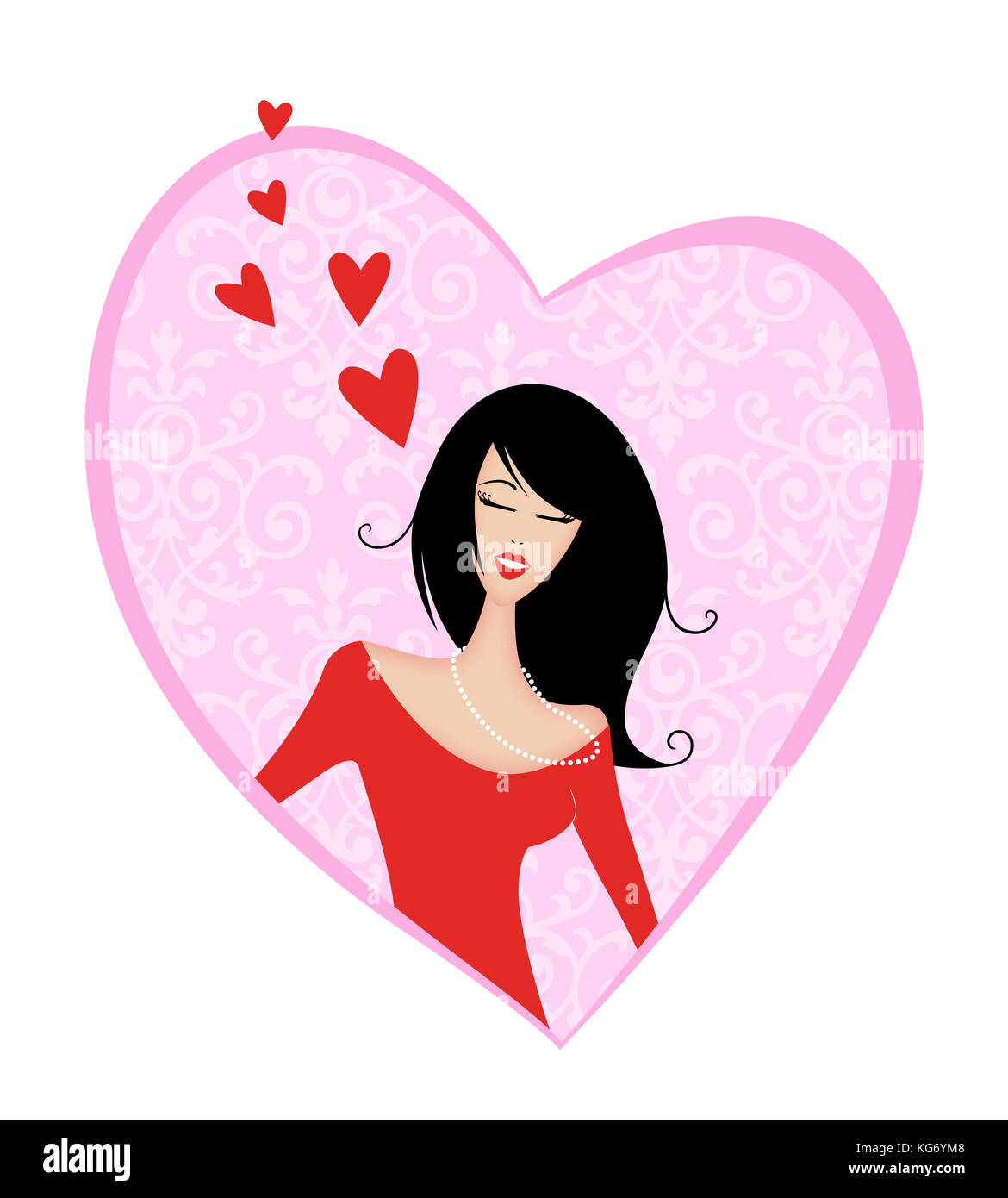Cute young woman inside a Valentine heart with small hearts floating up Stock Photo