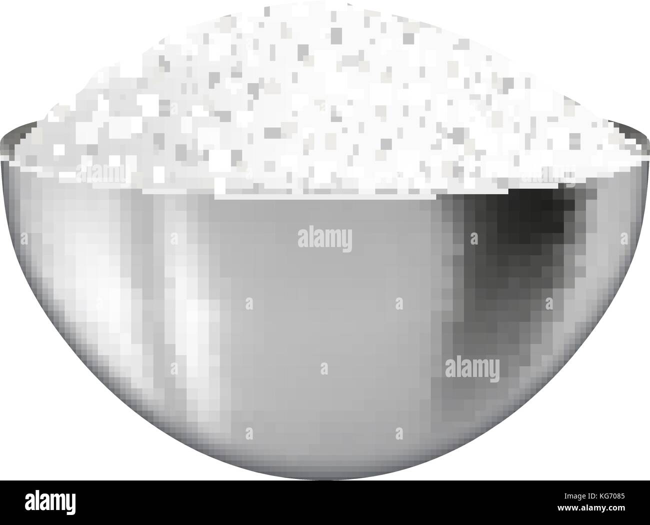 Realistic 3D steel bowl with salt. Iron deep plate with flour or sugar. Isolated on white background. Ingredient for cooking. Vector illustration Stock Vector